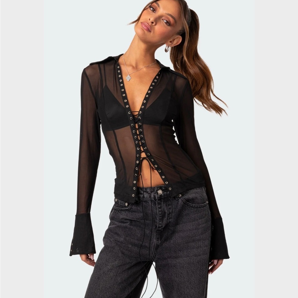 Edikted Black Sheer Studded Blouse